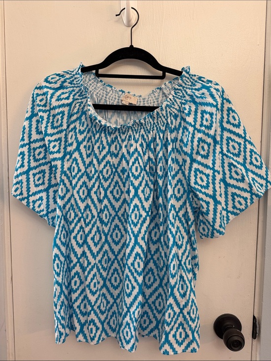 LOFT Tops - LOFT Turquoise and White Ikat Peasant Top